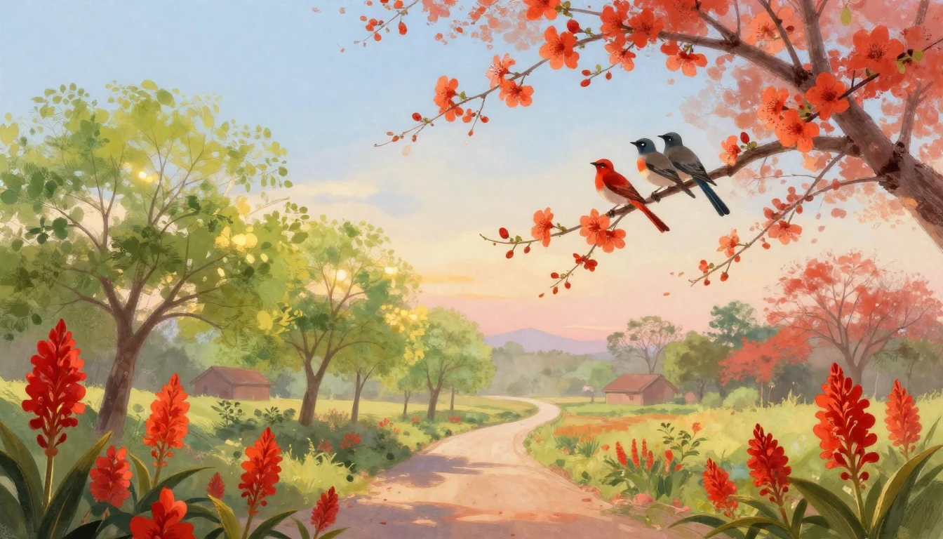 A serene and romantic spring landscape inspired by Bengal, f...