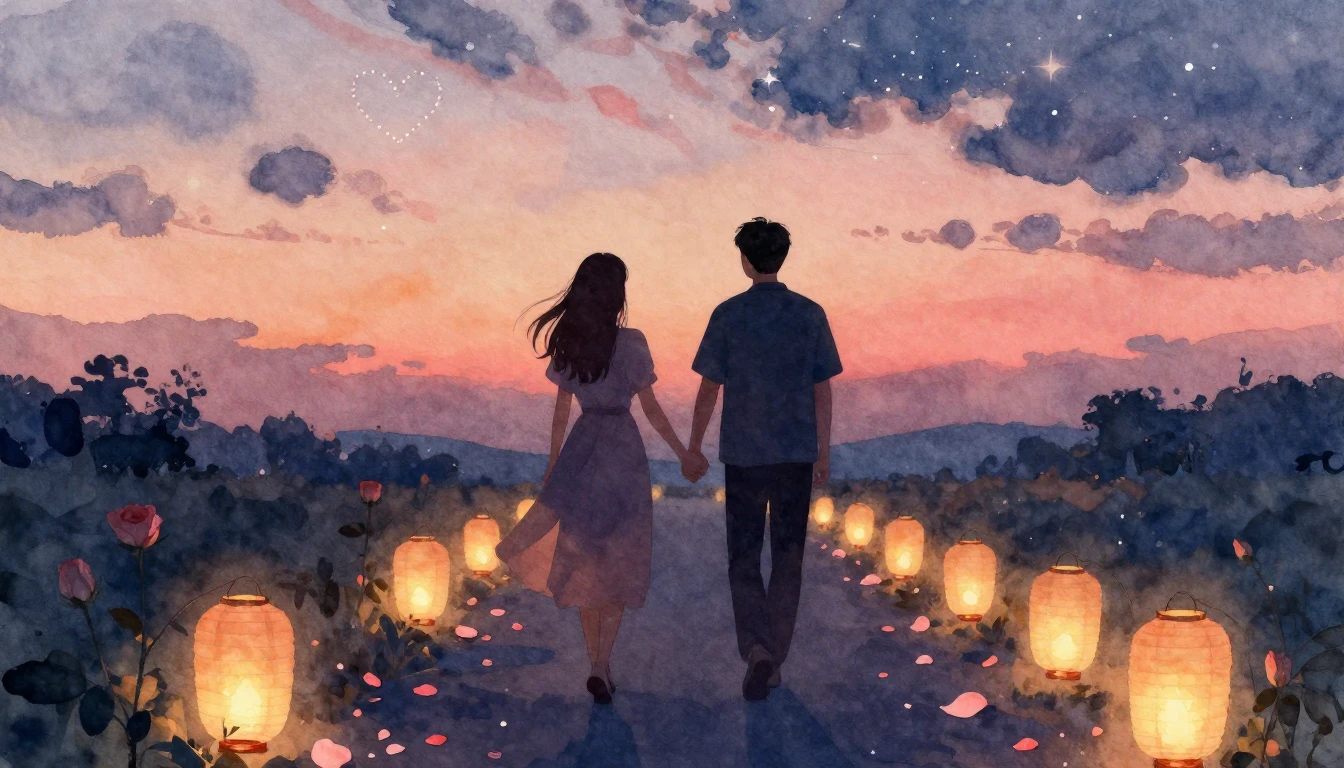 A romantic watercolor painting featuring two silhouettes hol...