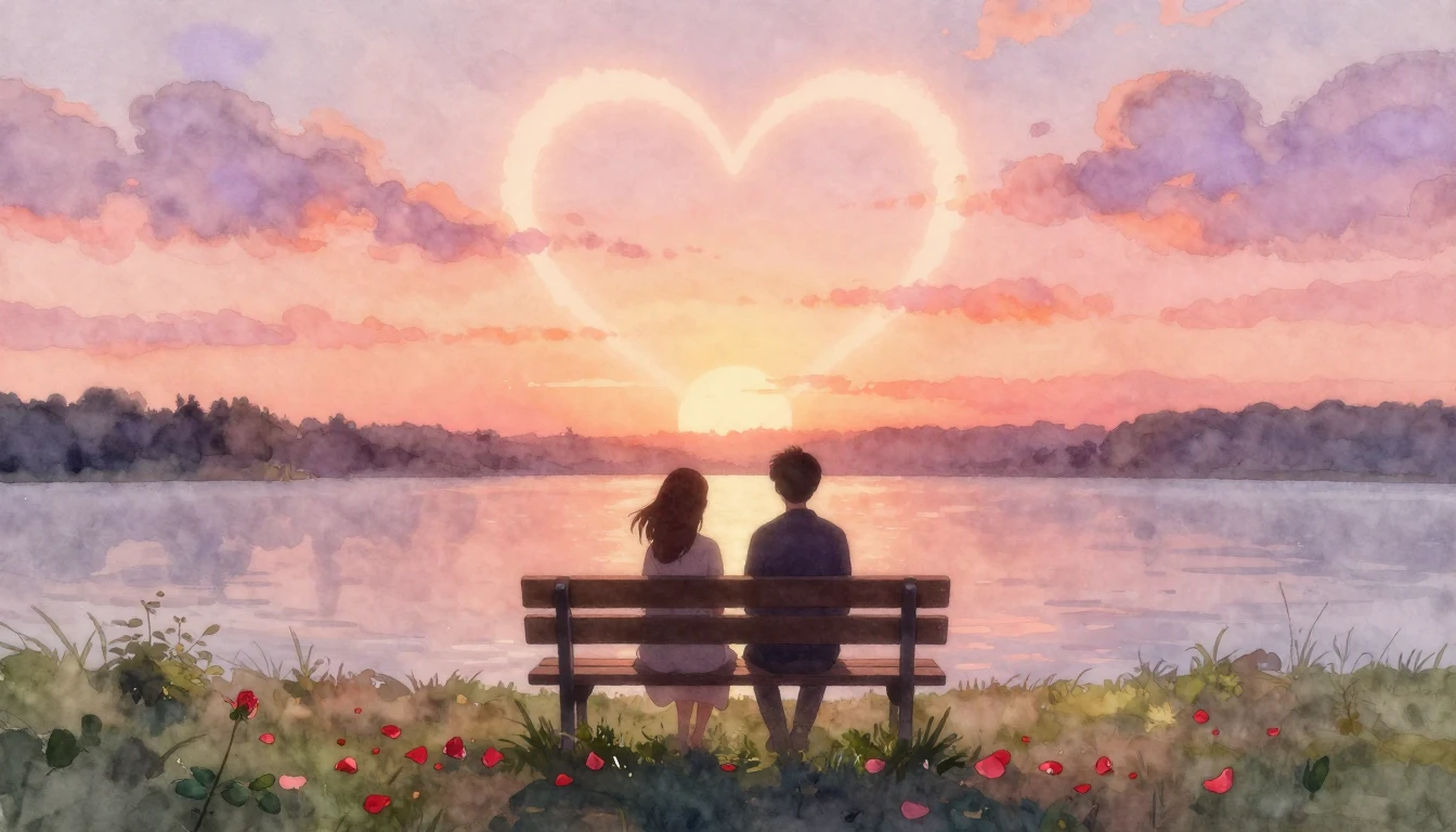 A soft, romantic watercolor painting depicting two silhouett...