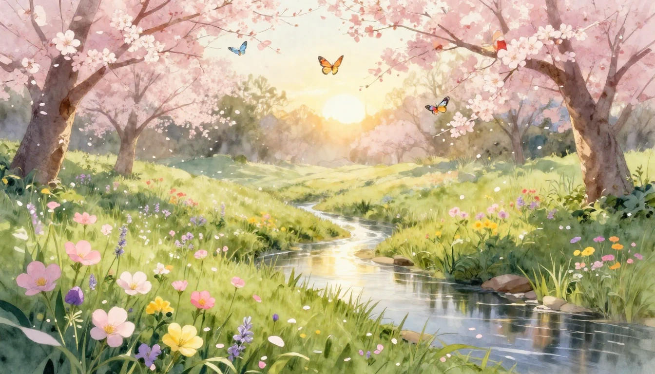 A soft and dreamy watercolor painting depicting a vibrant sp...