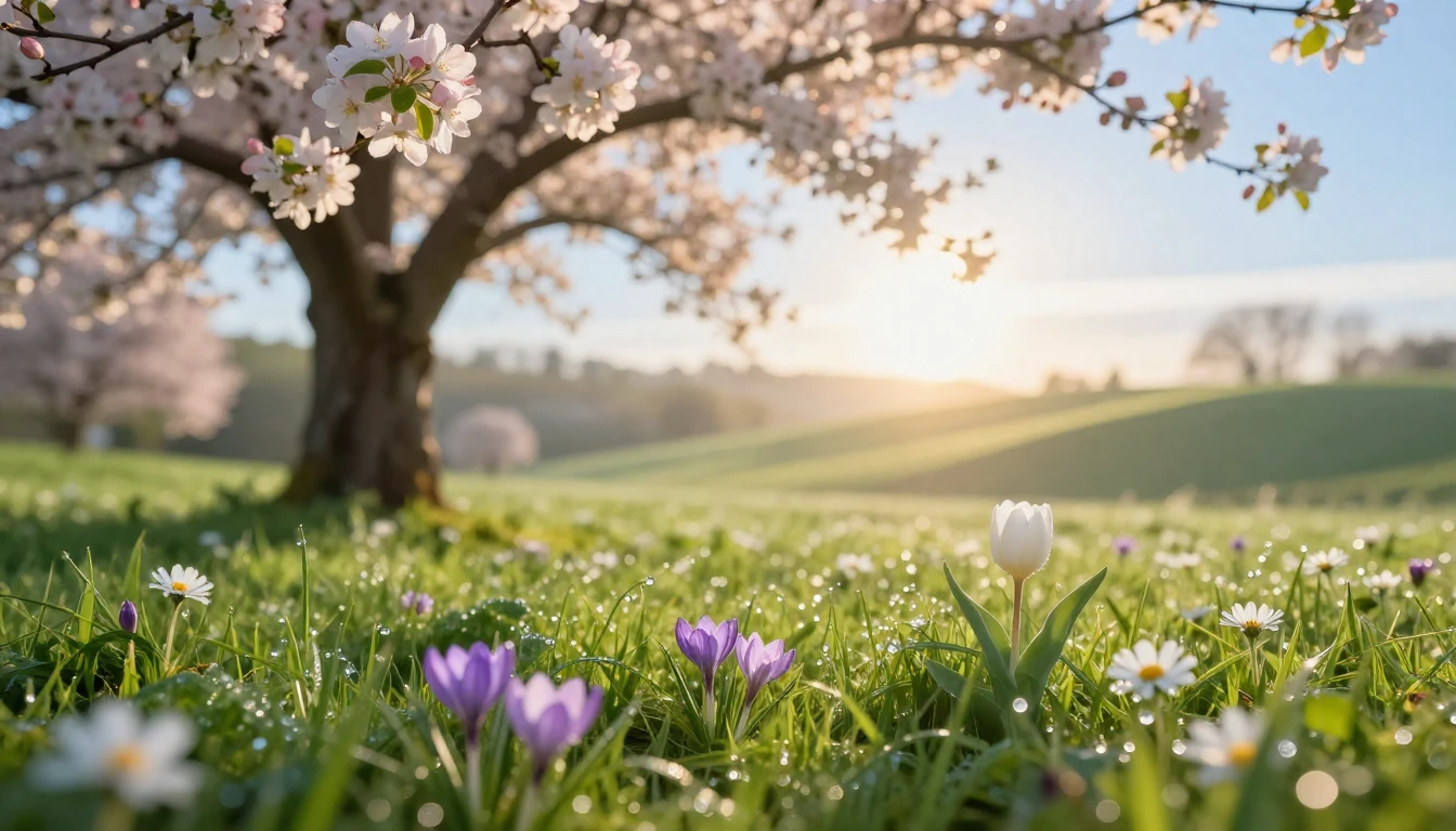 A serene and vibrant spring meadow at sunrise, captured in s...