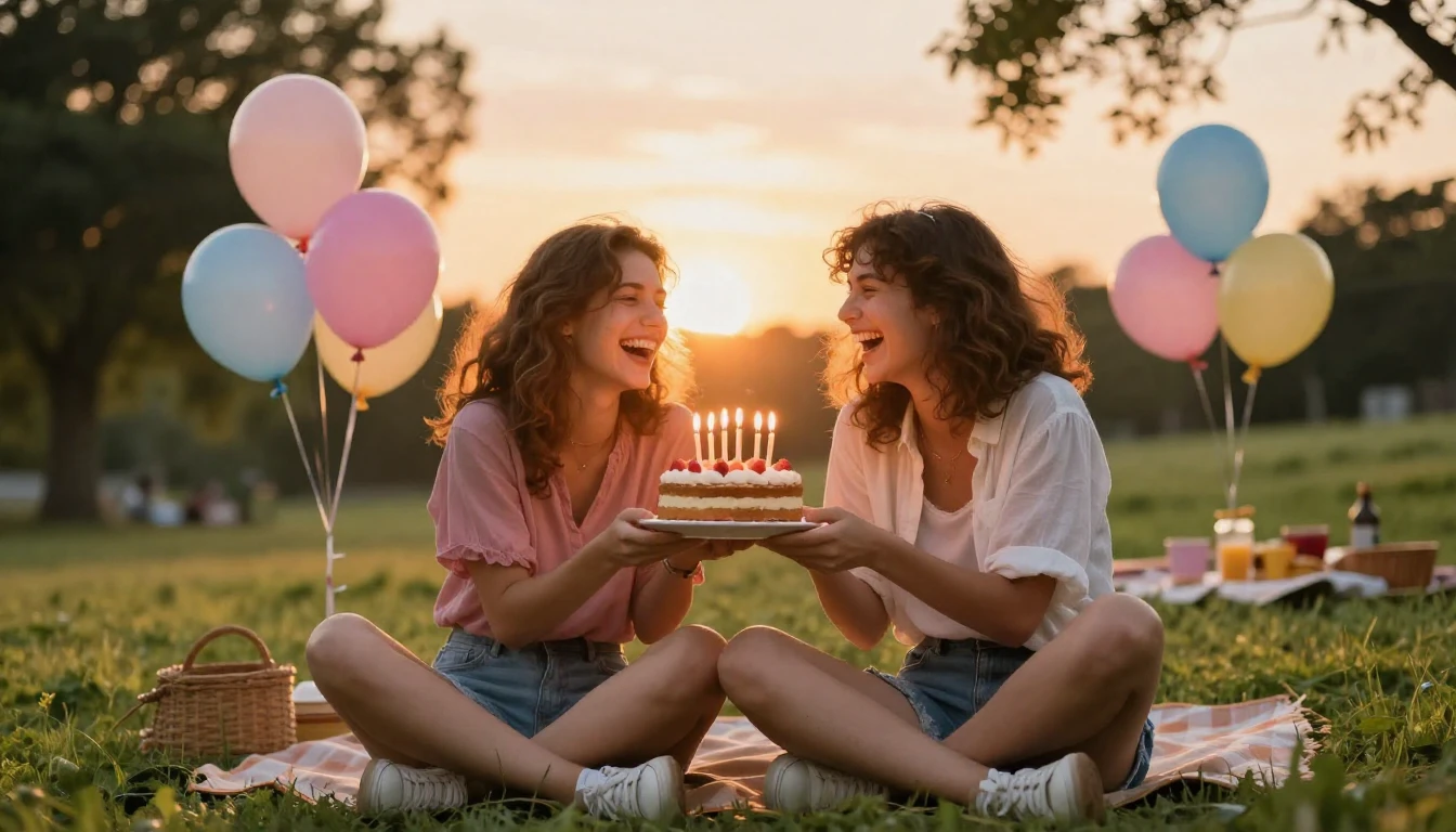 A heartwarming scene of two best friends sitting on a lush g...