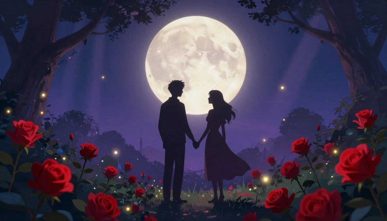 A romantic and dreamy illustration featuring a pair of silho...