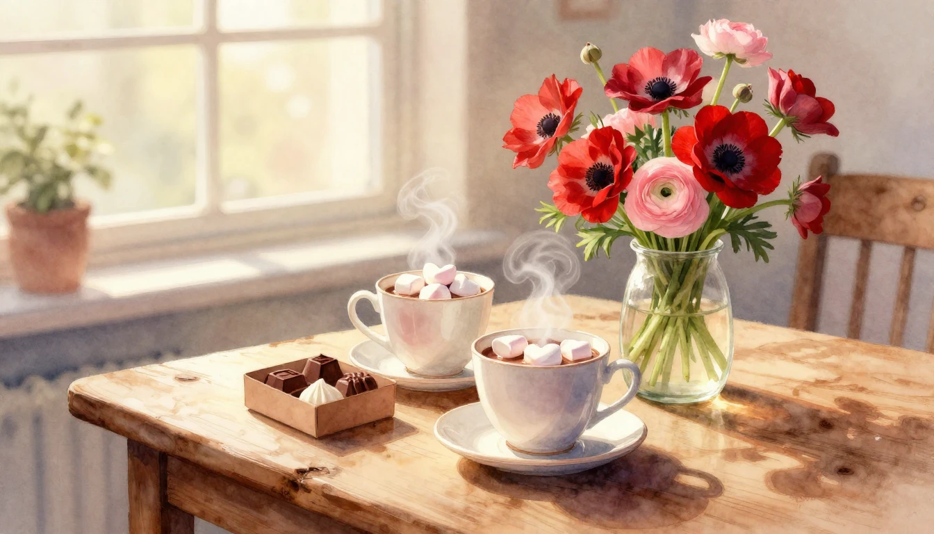 A beautiful and romantic watercolor painting depicting a coz...