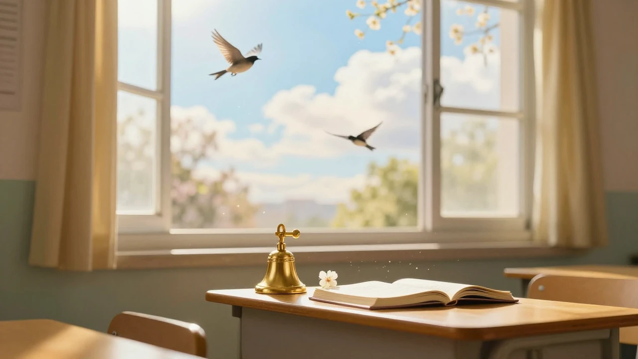 A warm and nostalgic scene of an empty sunlit classroom with...