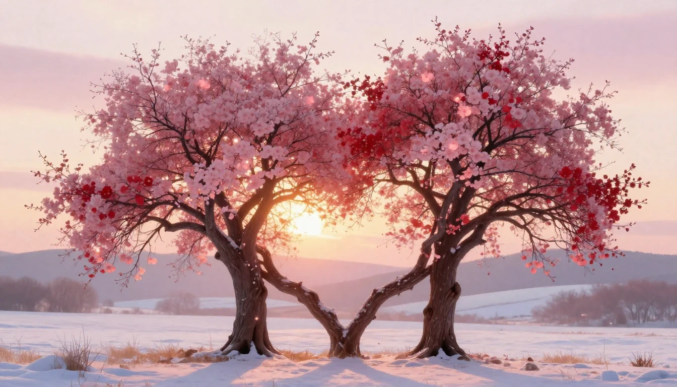 A romantic, soft composition depicting two intertwined trees...