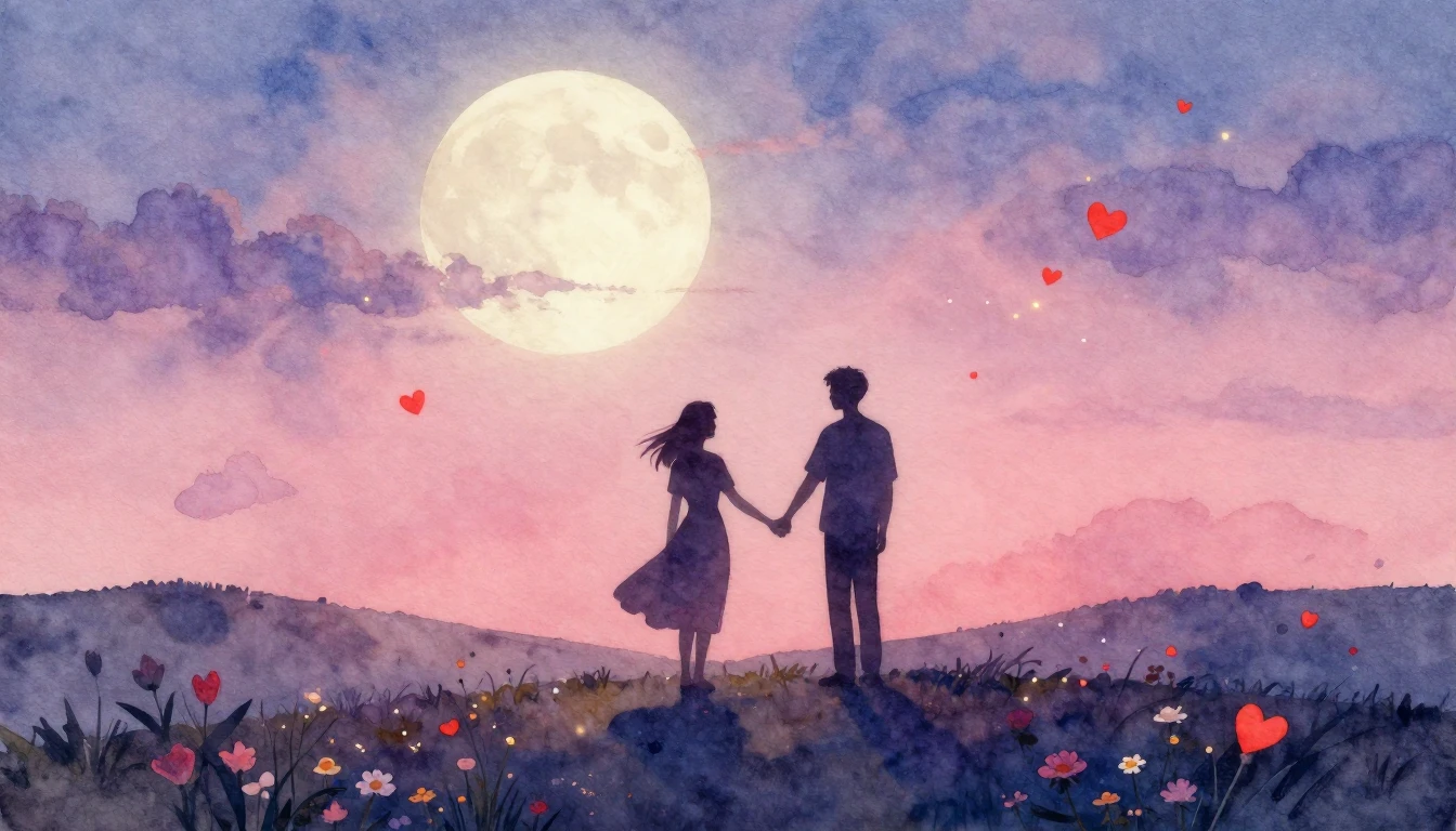 A romantic and dreamy watercolor painting depicting two silh...