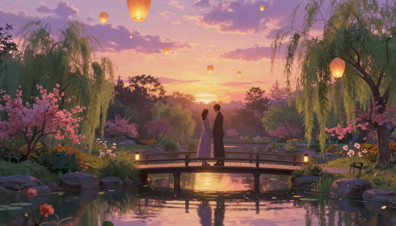 A romantic and ethereal scene featuring two silhouettes of a...