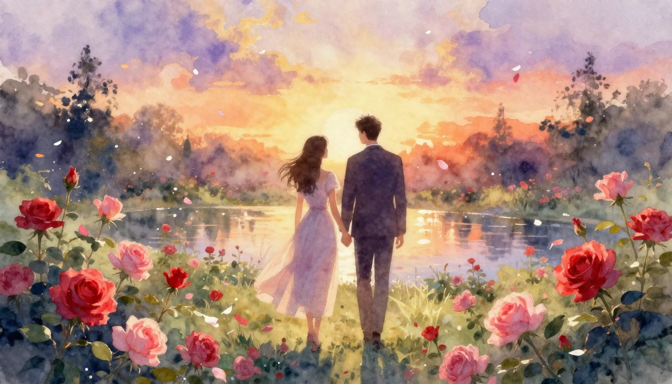 A dreamy and romantic watercolor painting depicting a couple...