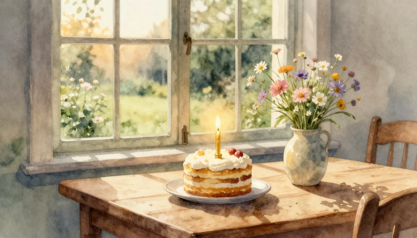 A warm and cozy scene in a soft watercolor style. On a rusti...