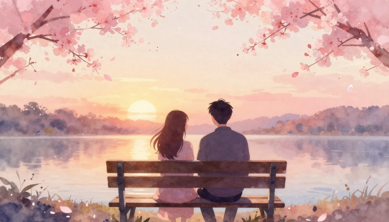 A soft and dreamy watercolor painting depicting two stylized...