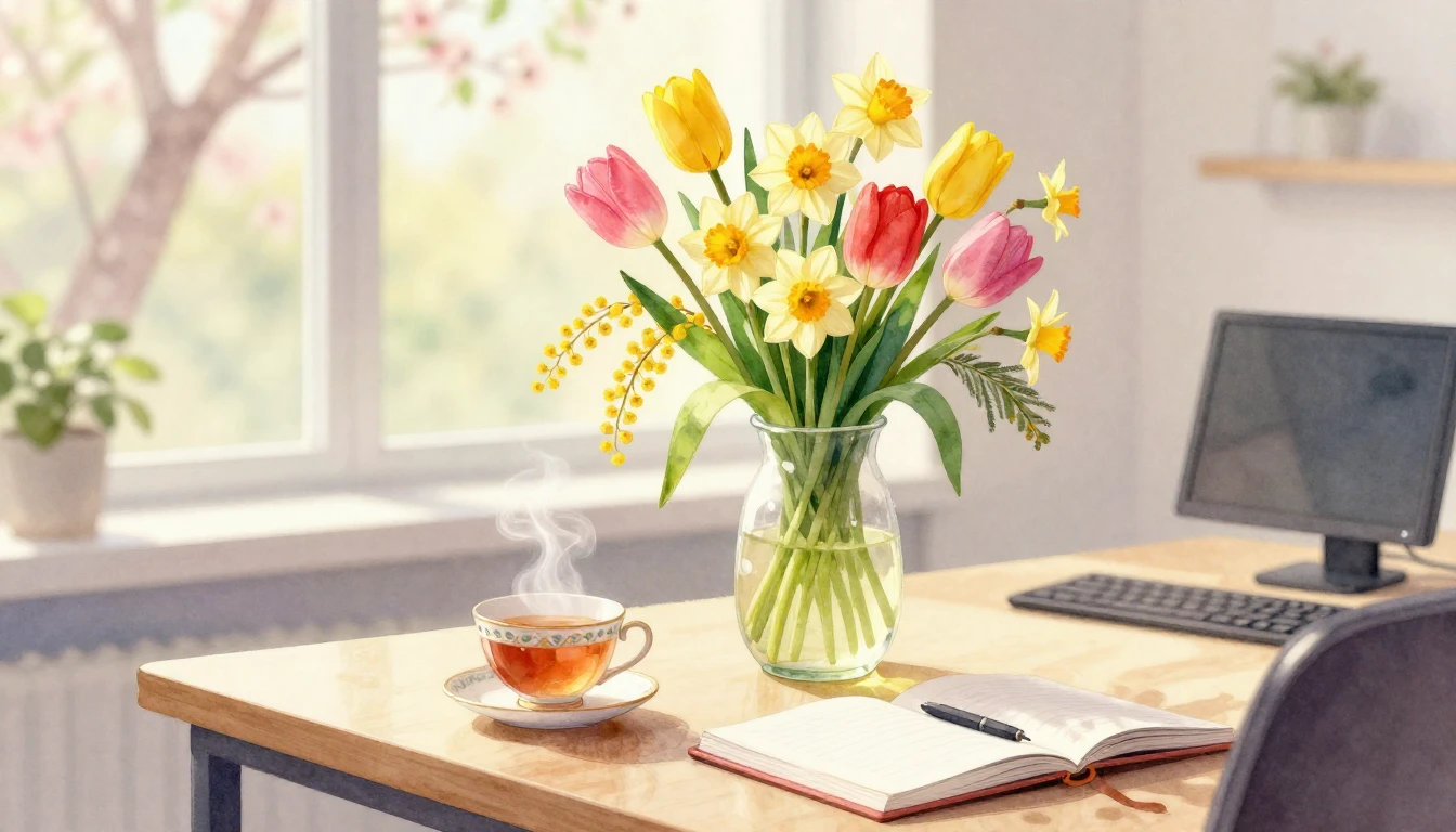 A soft and airy watercolor painting depicting a bright offic...