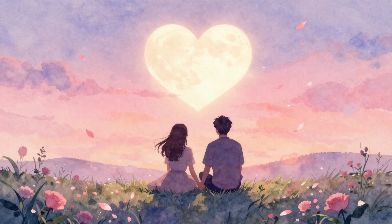 A soft and dreamy watercolor painting depicting a romantic V...