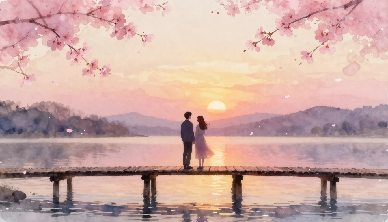 A romantic and dreamy scene featuring two silhouettes of a c...