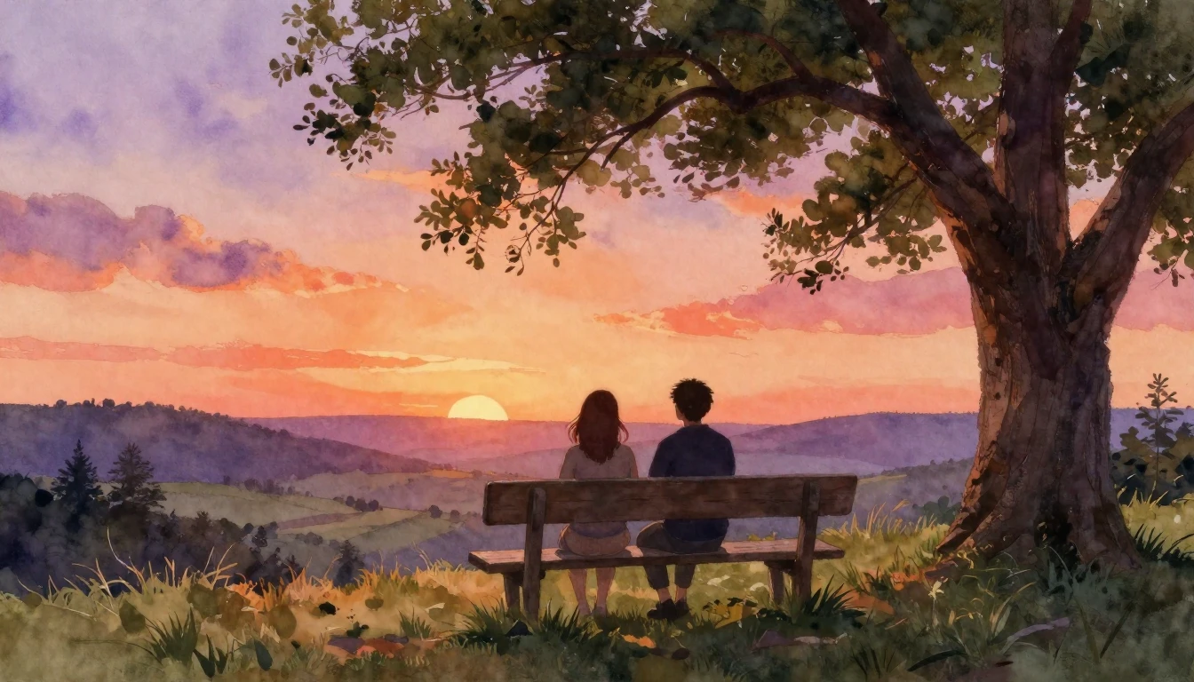 A warm and nostalgic watercolor painting depicting two silho...