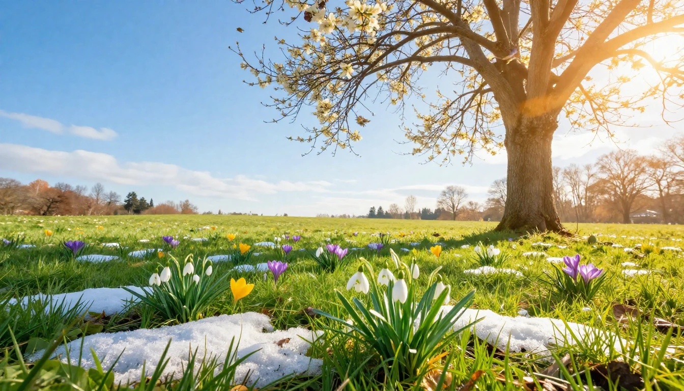 A beautiful blooming meadow in early spring, vibrant green g...