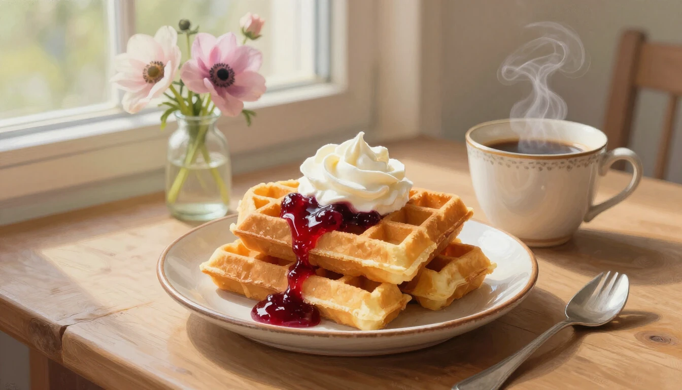 A cozy and inviting still life featuring a stack of golden, ...