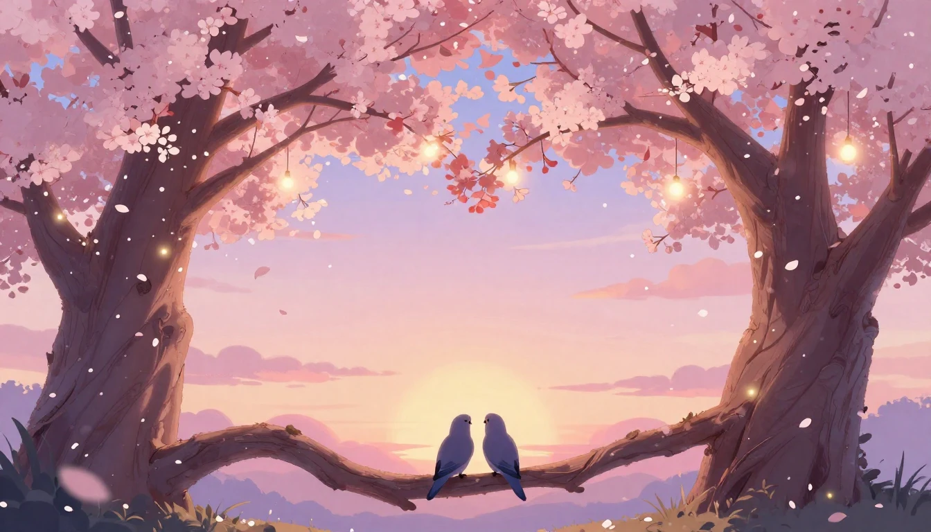 A whimsical and romantic illustration showing two large cher...