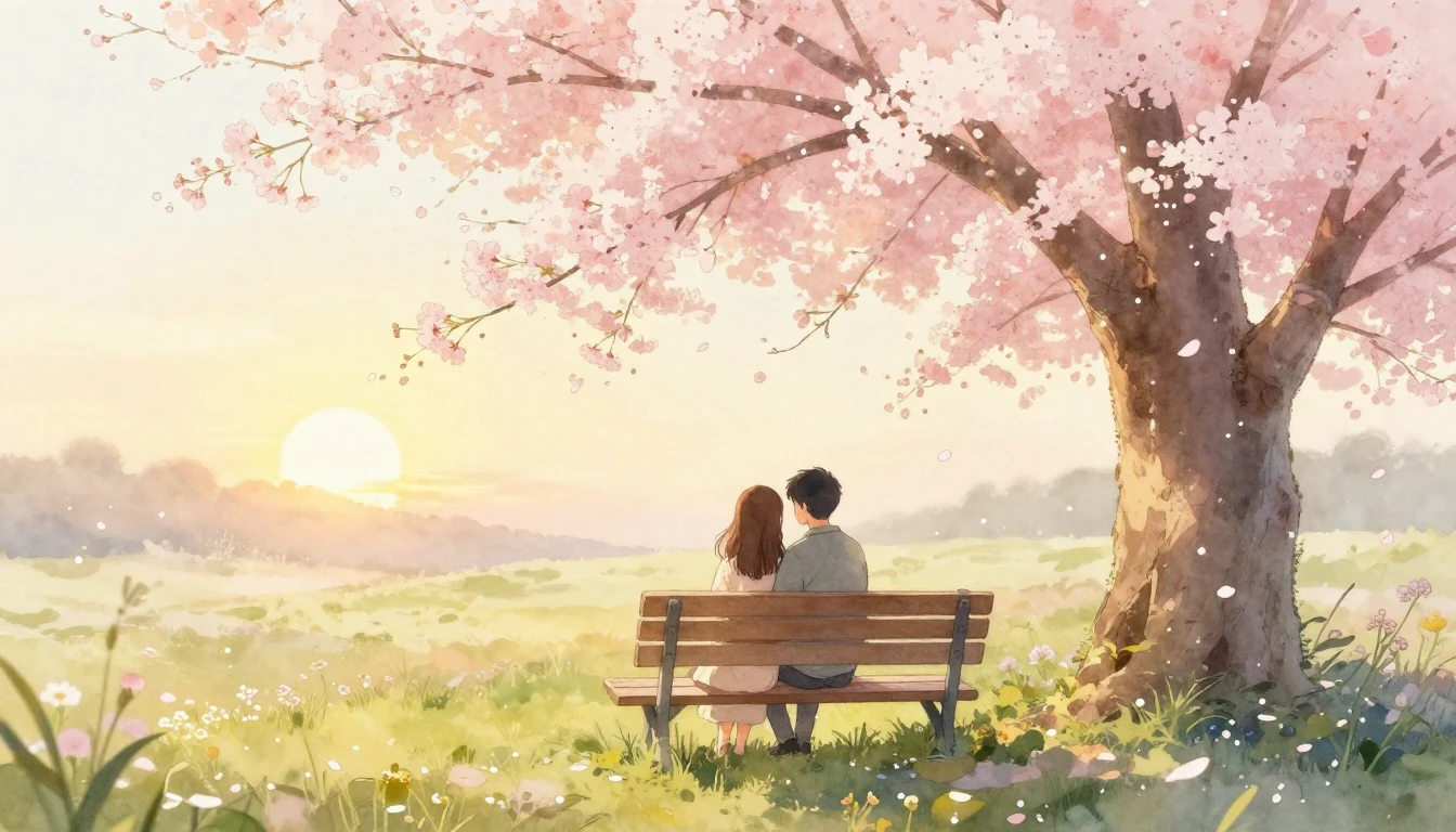 A dreamy watercolor illustration of a couple sitting closely...