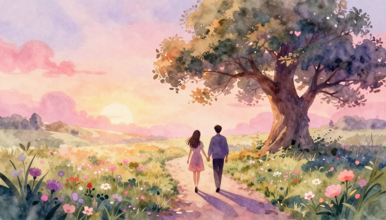 A romantic and soft watercolor painting depicting two silhou...