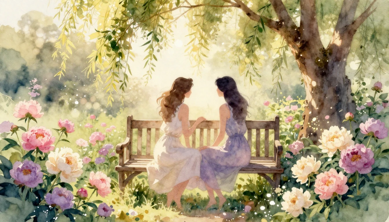 A beautiful watercolor painting of a serene and cozy garden ...