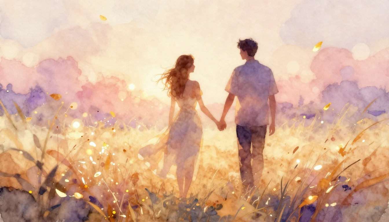 A beautiful watercolor painting of two lovers' silhouettes w...