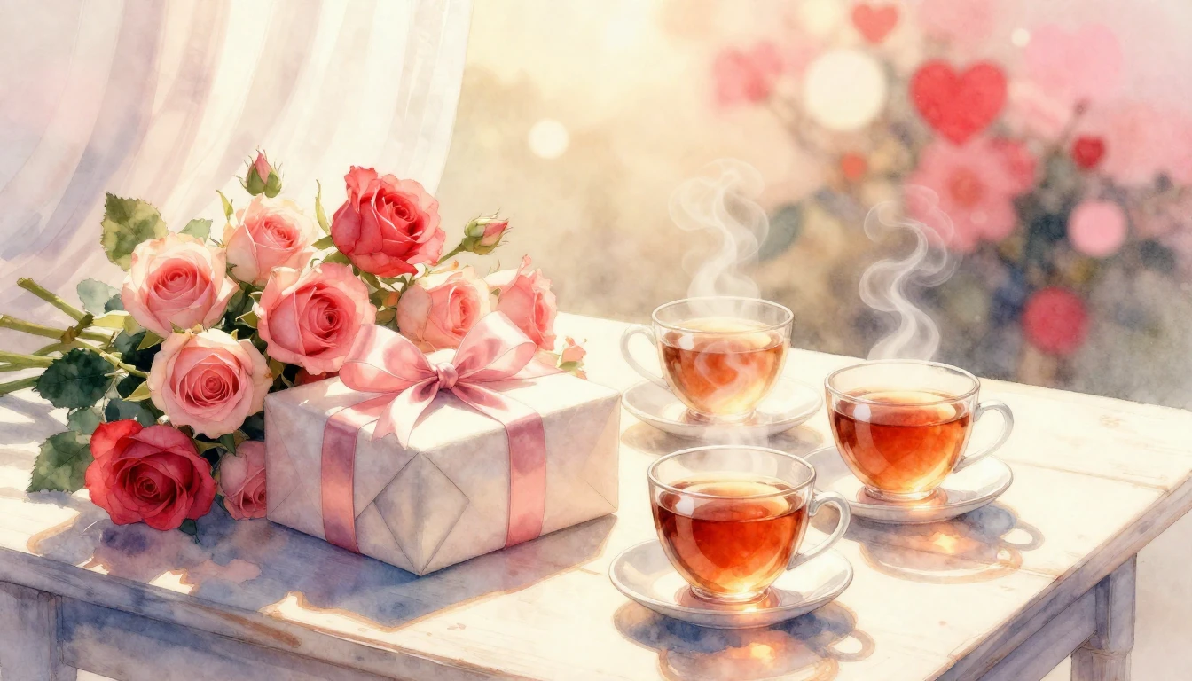 A soft and dreamy watercolor painting depicting a romantic V...