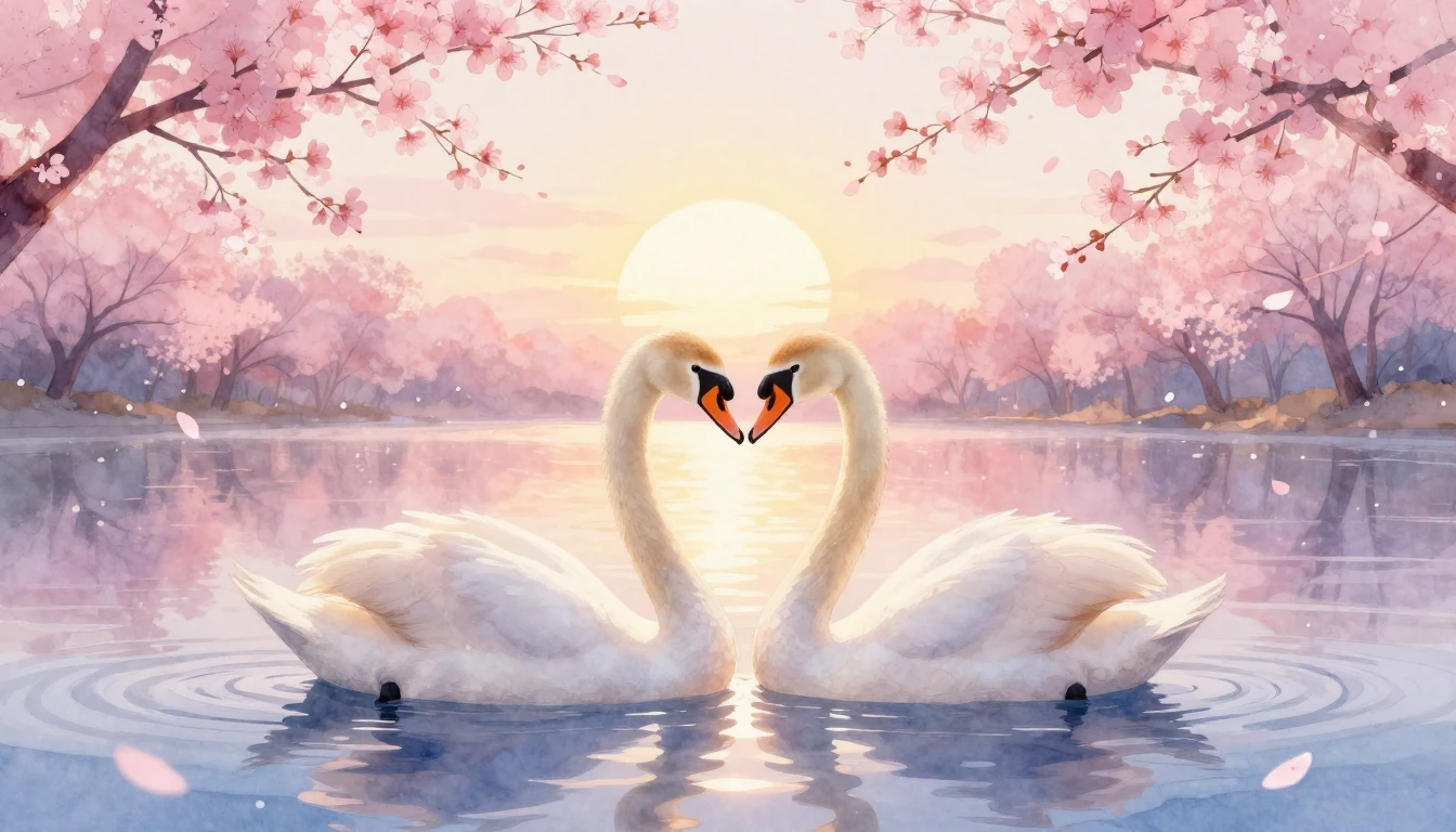 A dreamy watercolor illustration depicting two graceful swan...