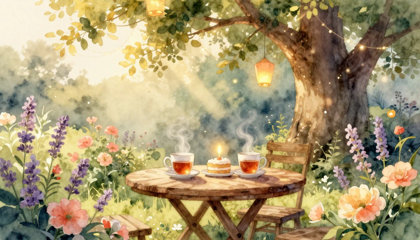 A soft and dreamy watercolor illustration capturing a warm, ...