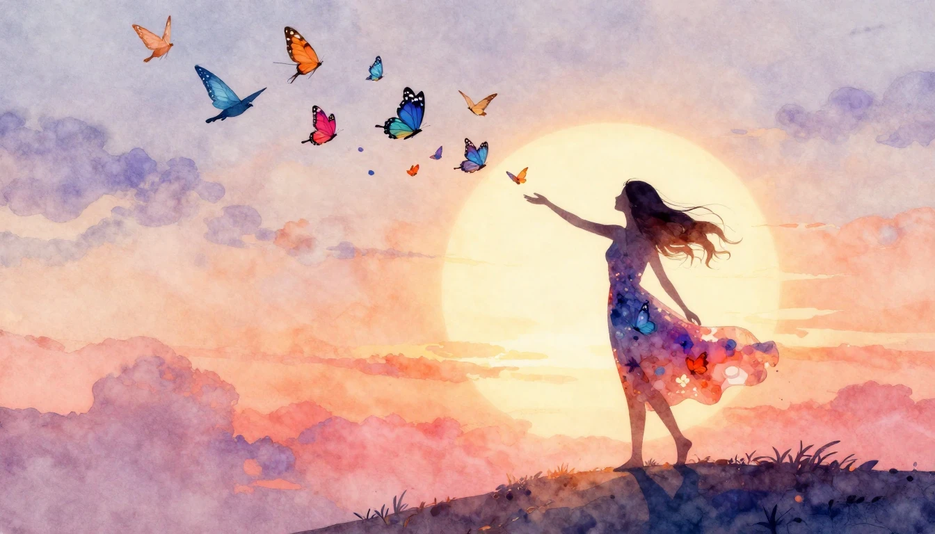 A beautiful watercolor painting depicting the silhouette of ...