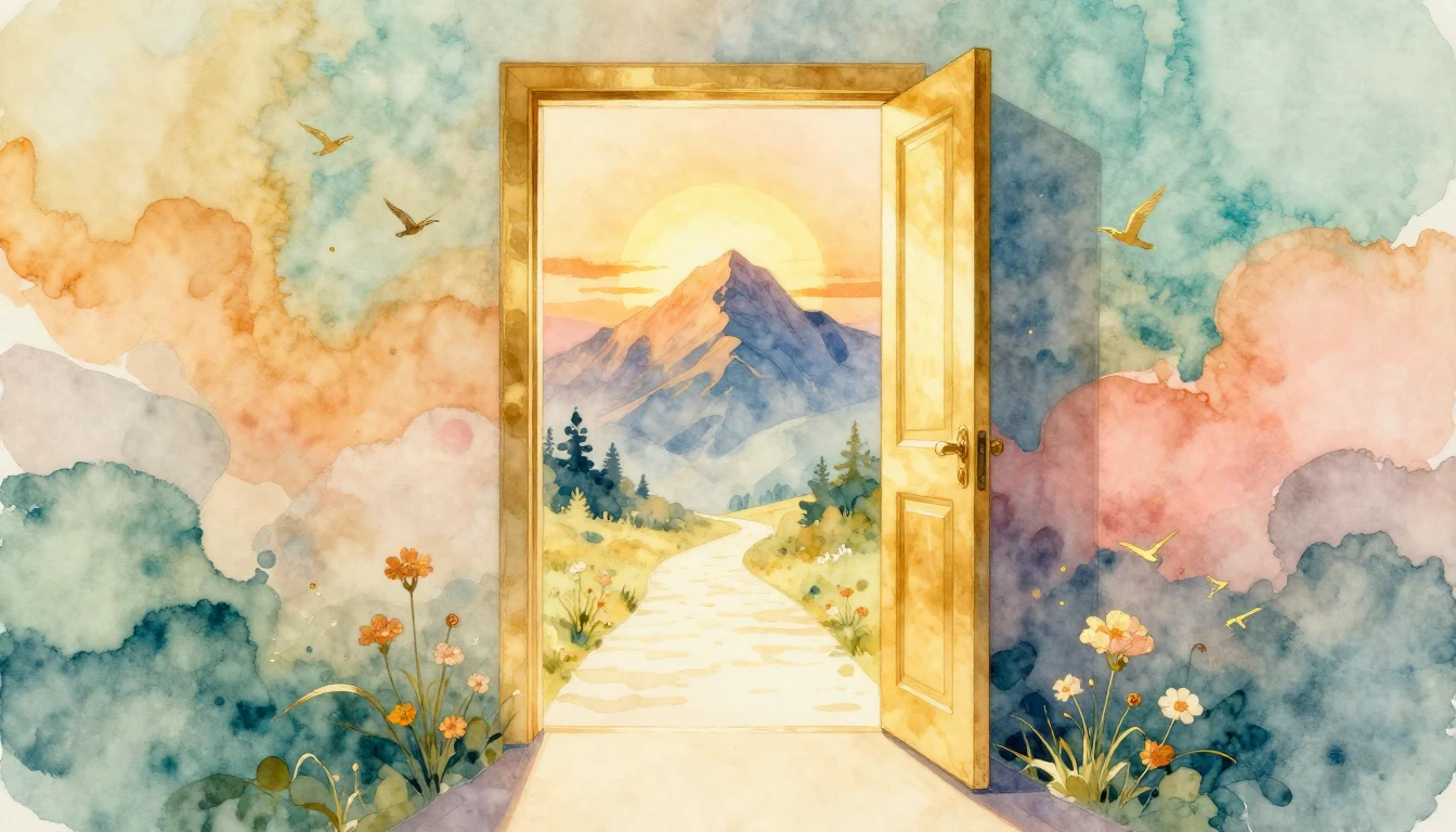 A vibrant watercolor painting depicting a golden door openin...