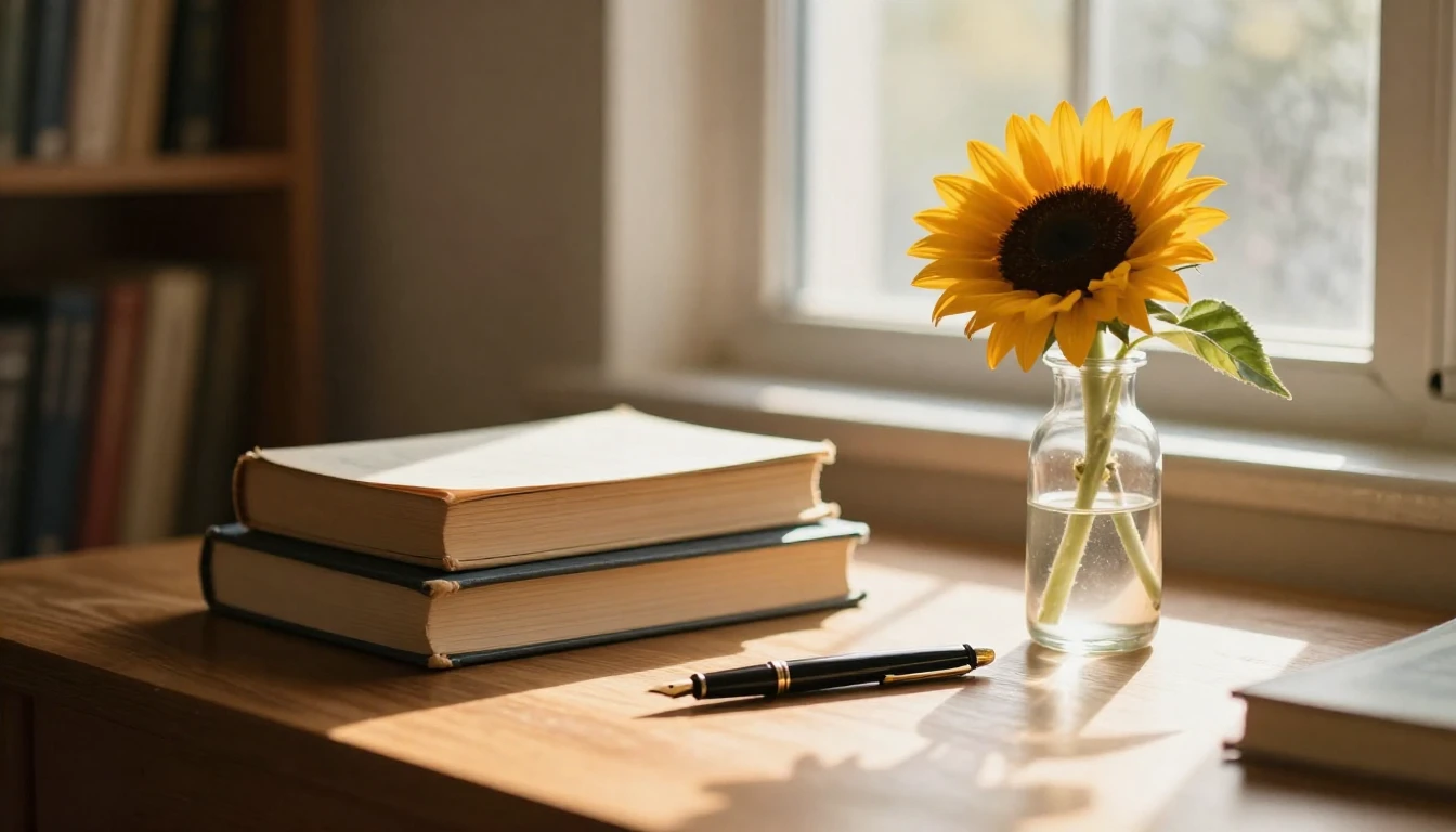 A serene and warm scene featuring a sunlit wooden desk near ...