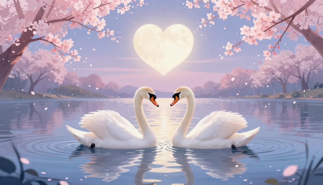 A romantic and dreamy illustration featuring two elegant whi...