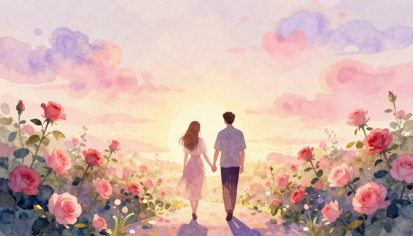 A soft and dreamy watercolor illustration depicting two silh...