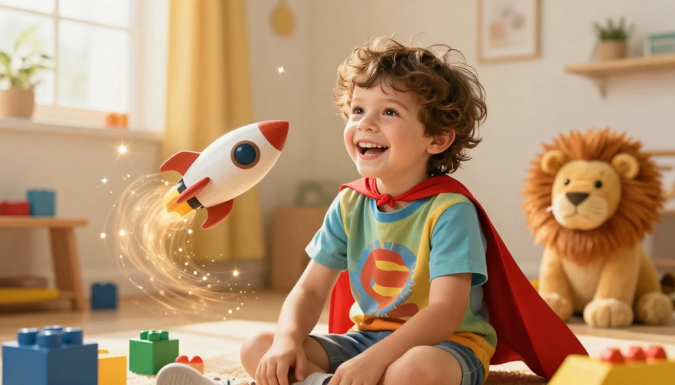 A joyful 6-year-old boy with messy hair and a wide, bright s...