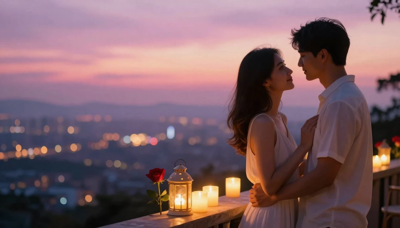 A romantic and ethereal scene of a couple standing on a balc...