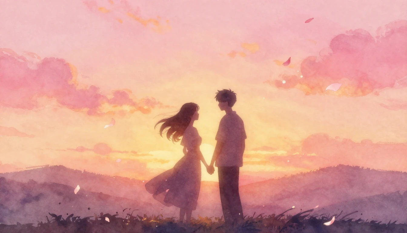 A soft and dreamy watercolor painting depicting two silhouet...