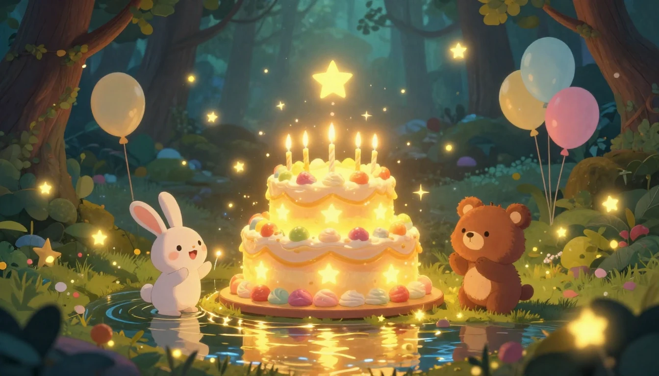 A heartwarming scene of a glowing, magical birthday cake sur...