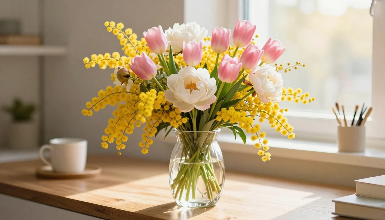 A lush and vibrant bouquet of spring flowers, featuring brig...