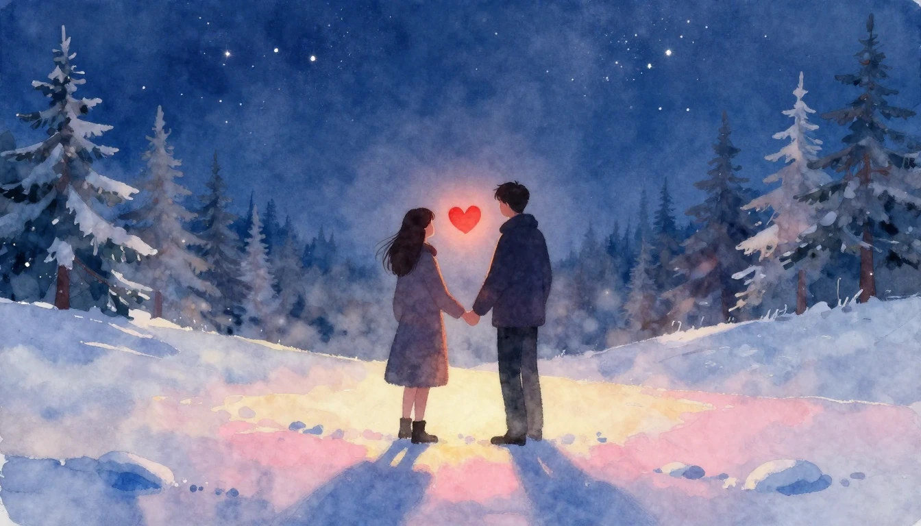 A romantic and soft watercolor painting depicting two silhou...