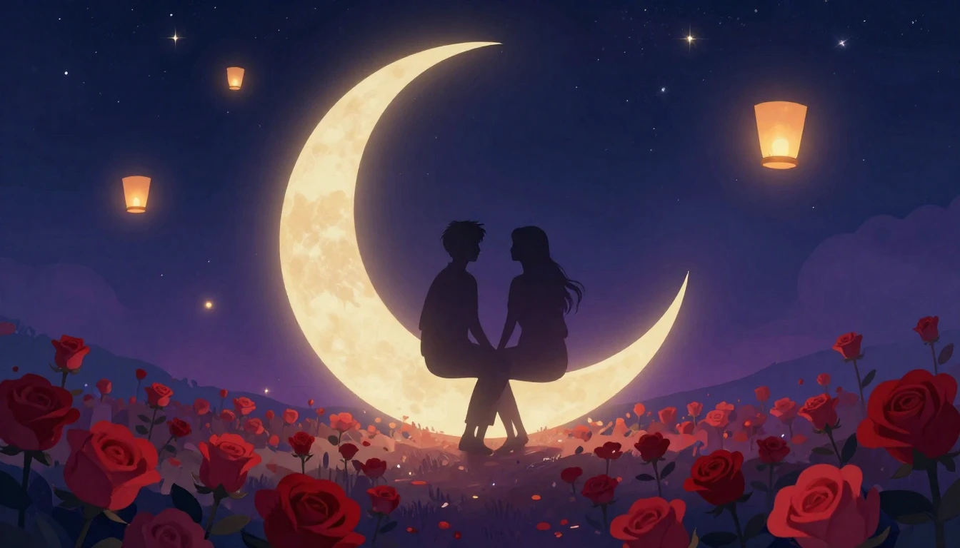 A romantic and dreamy illustration featuring two intertwined...