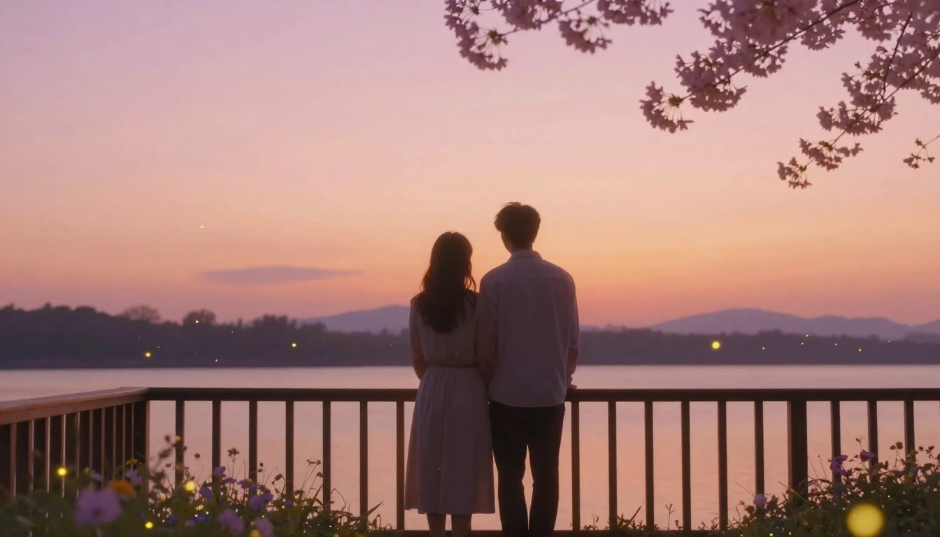 A romantic and ethereal scene of two figures standing close ...