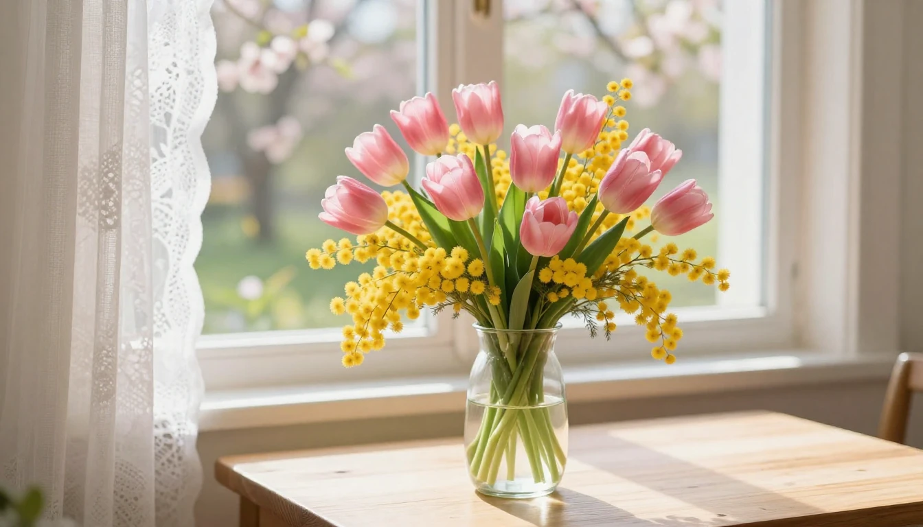A beautiful and vibrant bouquet of spring flowers, featuring...