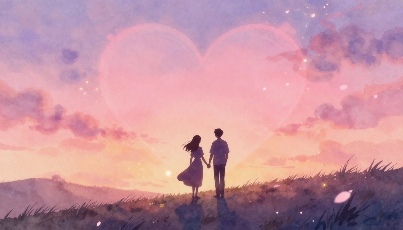 A romantic and ethereal watercolor illustration capturing tw...