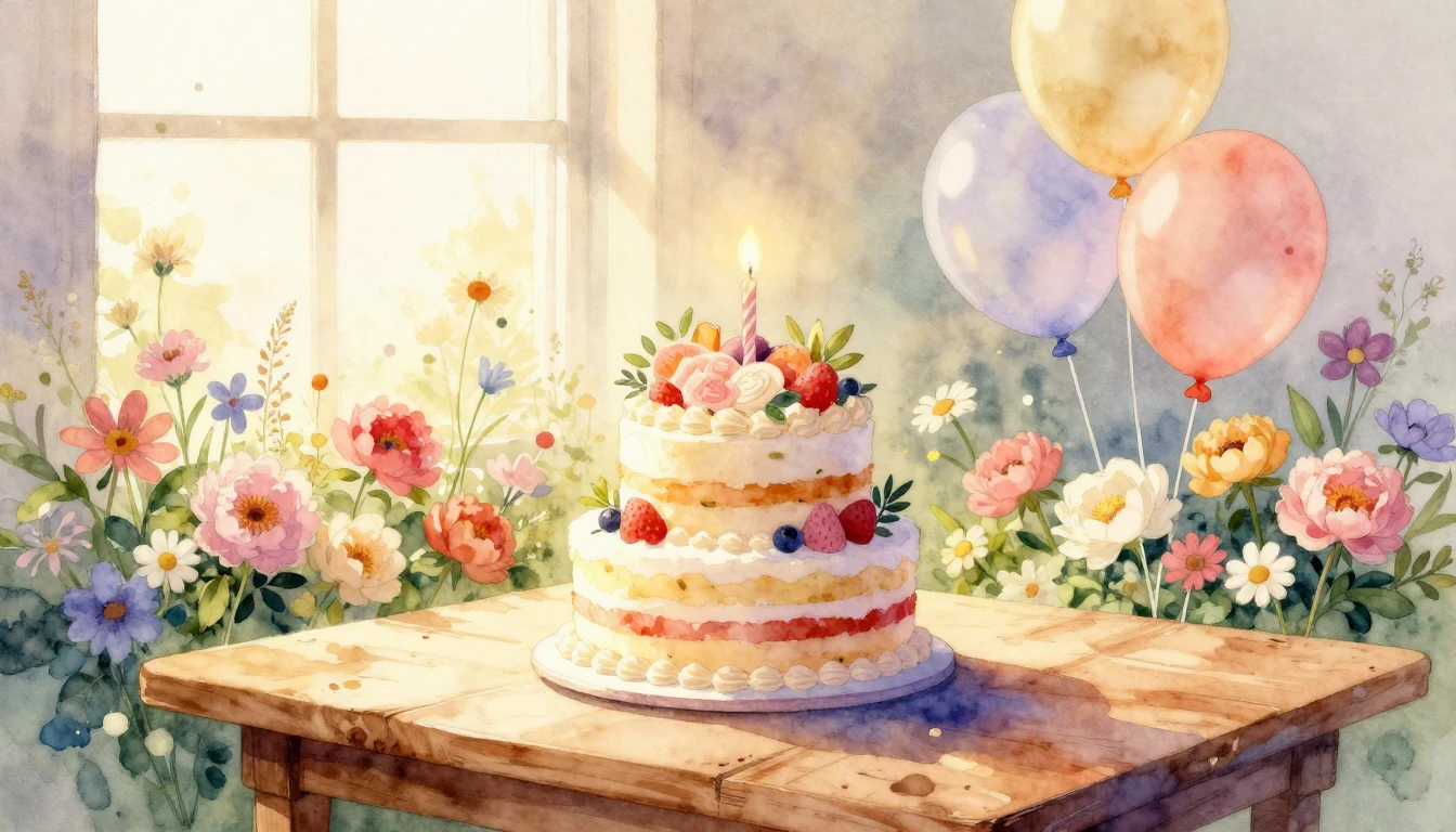 A beautiful and festive birthday scene in a vibrant watercol...