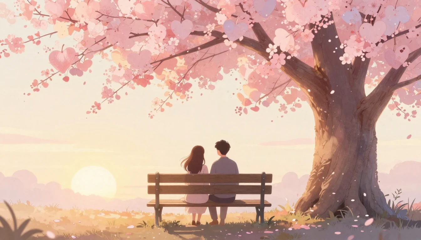 A romantic and soft illustration of a couple sitting on a vi...
