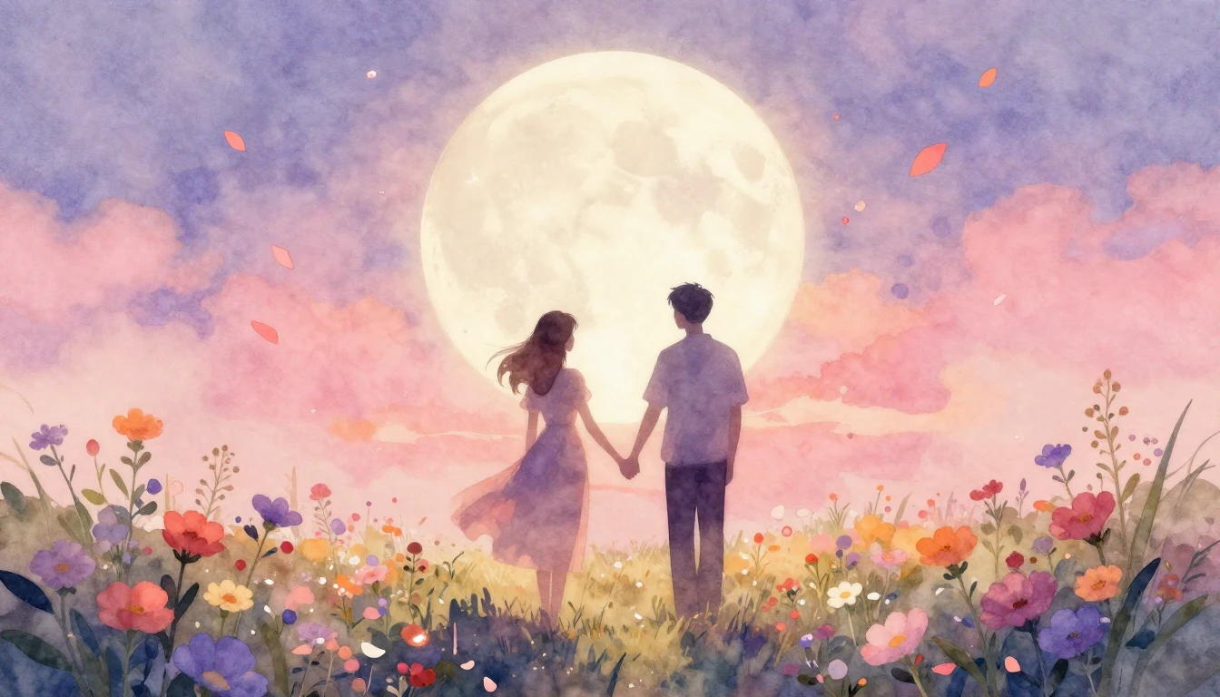 A soft and romantic watercolor painting depicting two silhou...