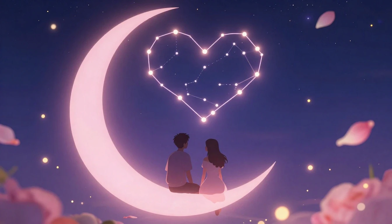 A romantic and dreamy composition featuring two stylized sil...