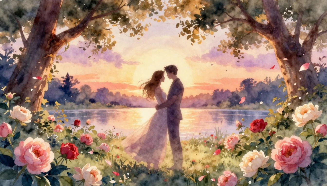 A romantic and ethereal watercolor illustration of two inter...
