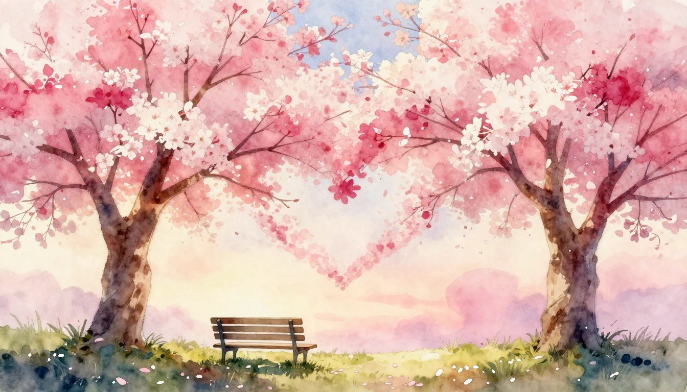 A soft, romantic watercolor composition featuring two intert...